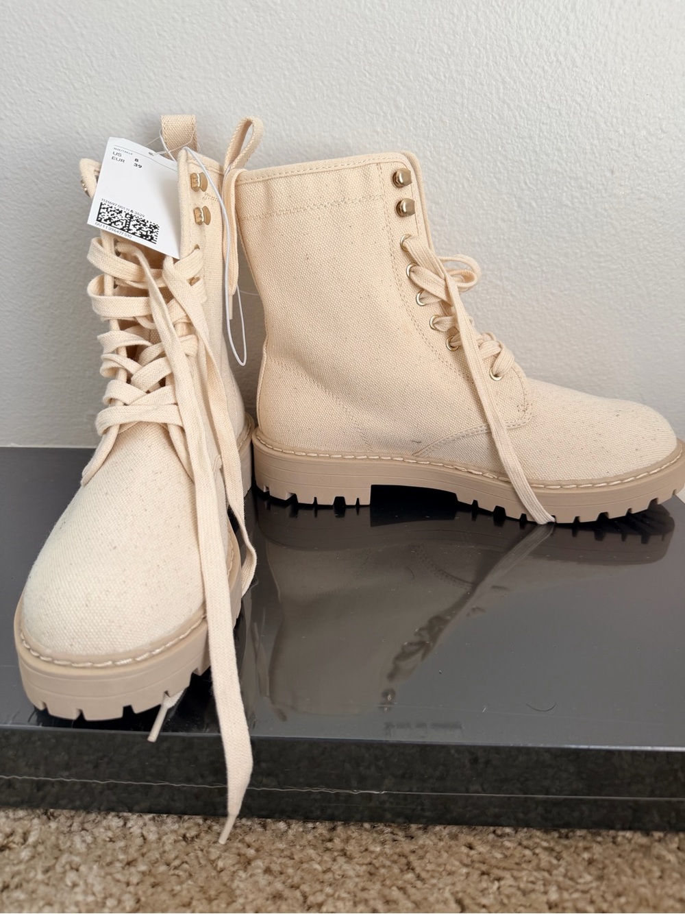 H&M Cream Lace-Up Canvas Combat Boots